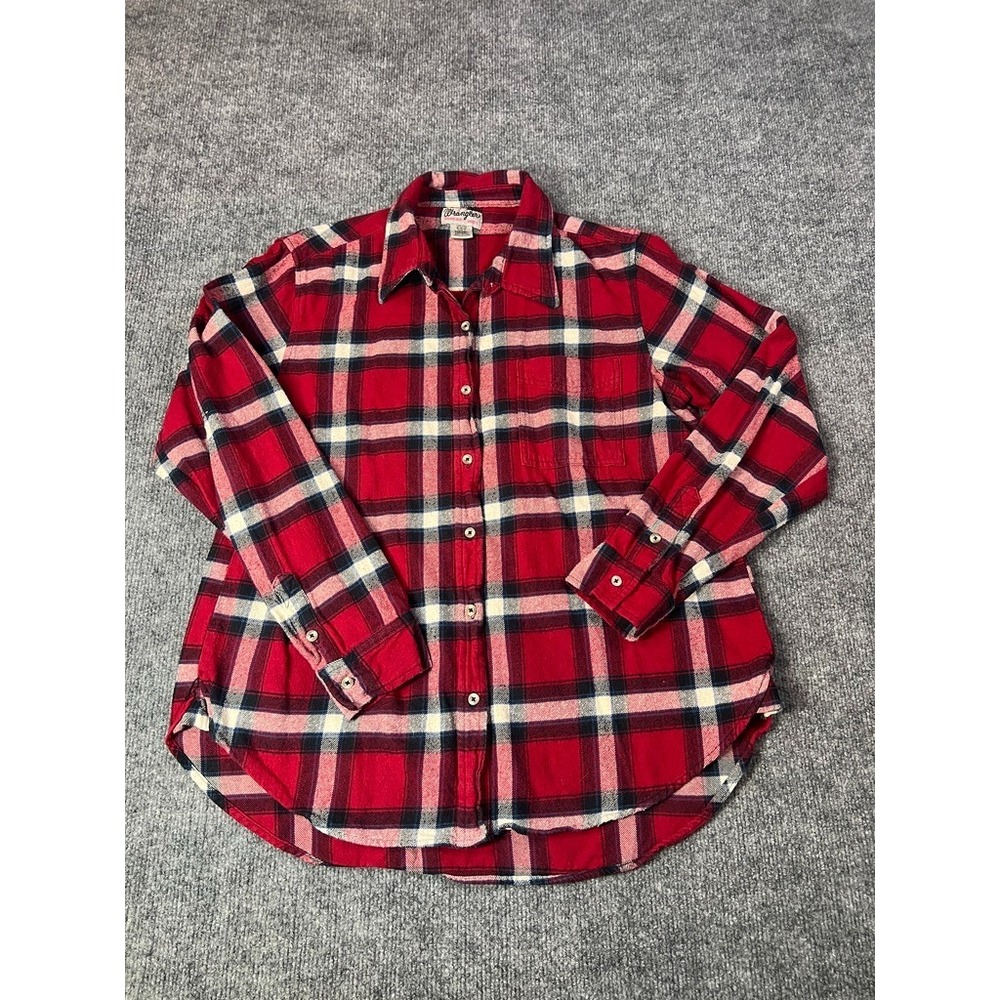Vintage 70s Wrangler Flannel Shirt Womens Small Blue Red Plaid Western Rodeo